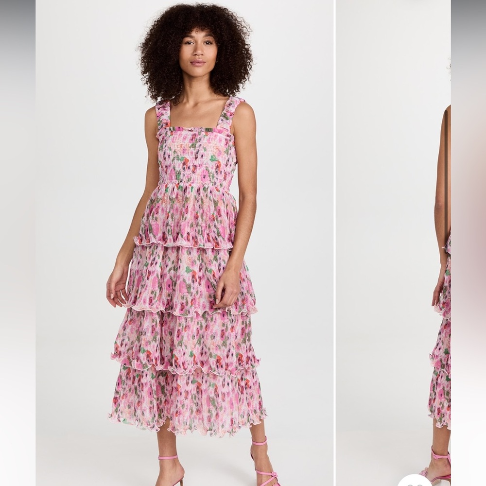 GANNI Pleated Georgette Flounce Smock Midi Dress